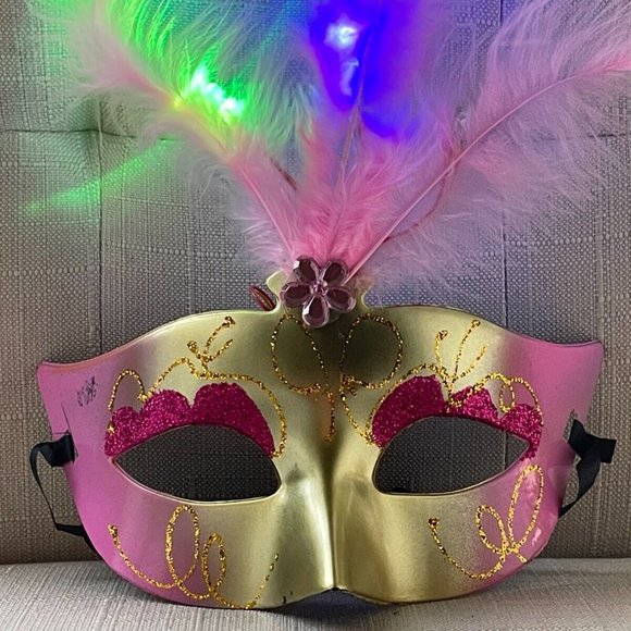 Halloween Party Mask Light Up Eyemask Masquerade Mask Faux Pink Feather Mask - Picture 8 of 9